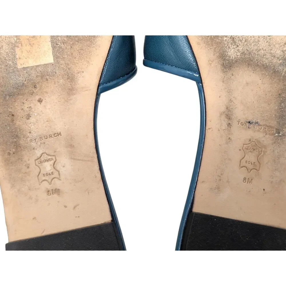 Tory Burch Eleanor Sandals Brisk Blue Leather Slides Logo‎ Size 8